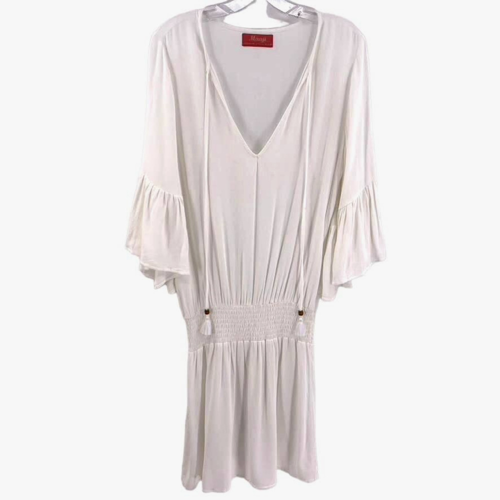 Maaji Size L White Bell Sleeve Tie Front Tunic Cover-Up Dress